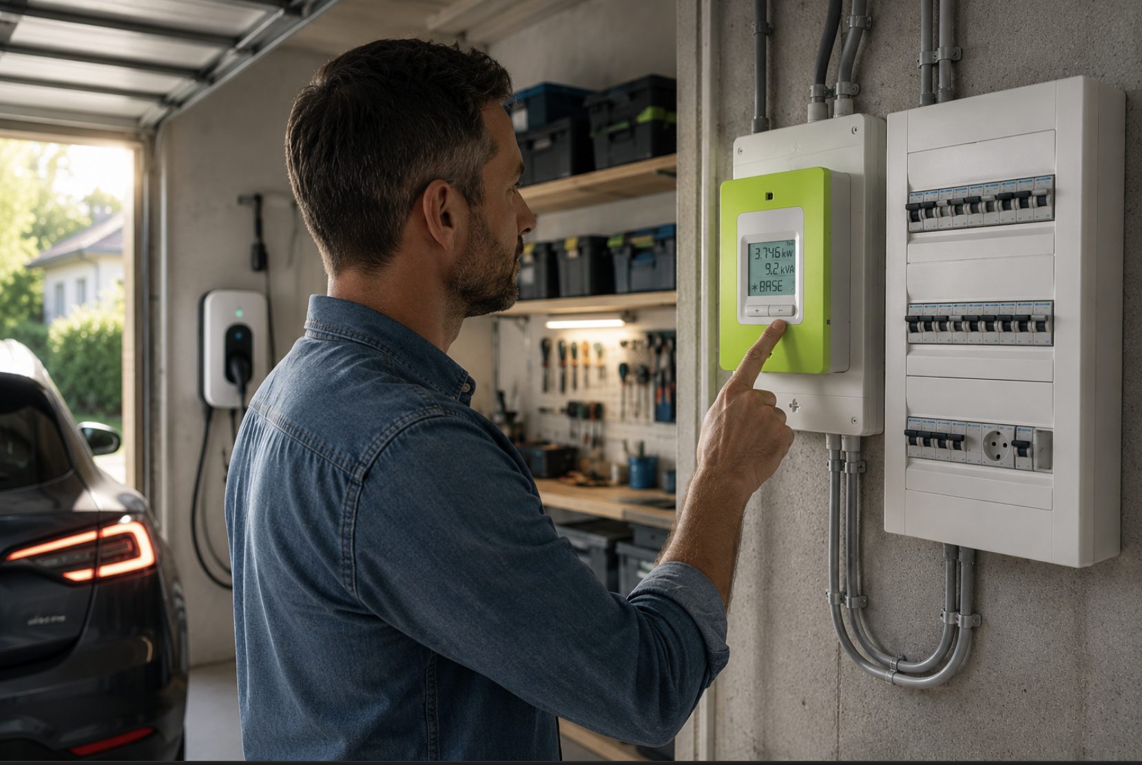 Calculateur de charge Guidelec ouvert sur un écran, avec un tableau électrique en arrière-plan