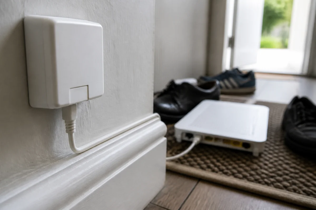 Boitier fibre blanc fixé au mur avec son connecteur optique vert relié à la box internet