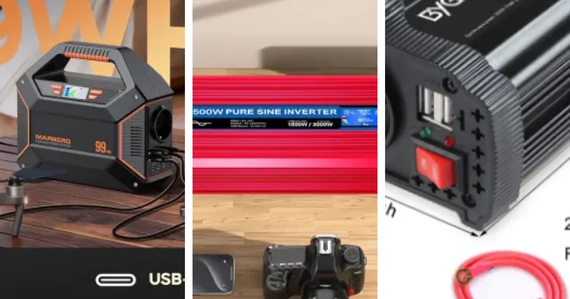 Convertisseur 12v 220v pur sinus posé sur un établi avec câbles et batterie 12 V