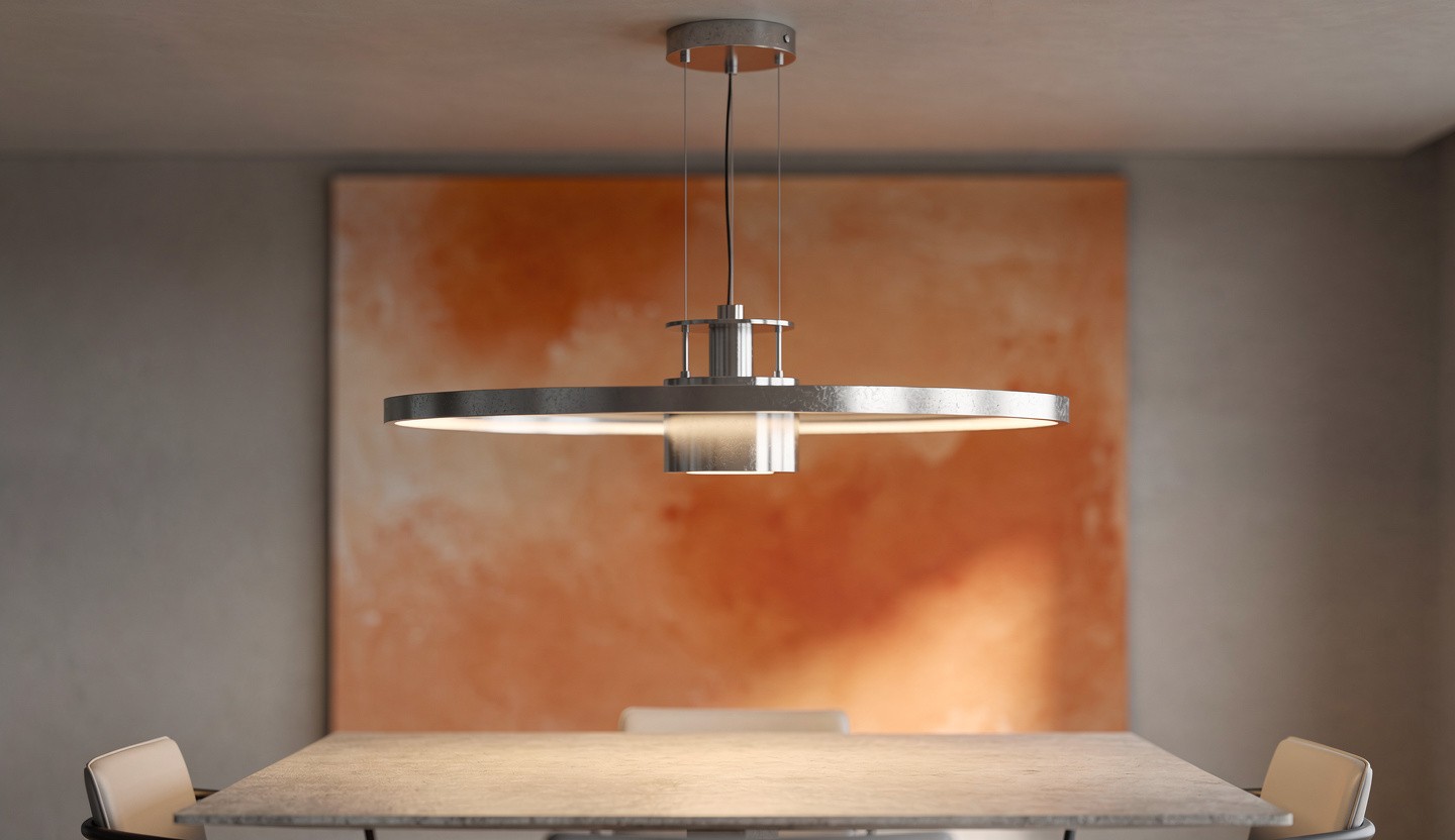 Suspension en lin beige installée au plafond dans un salon lumineux