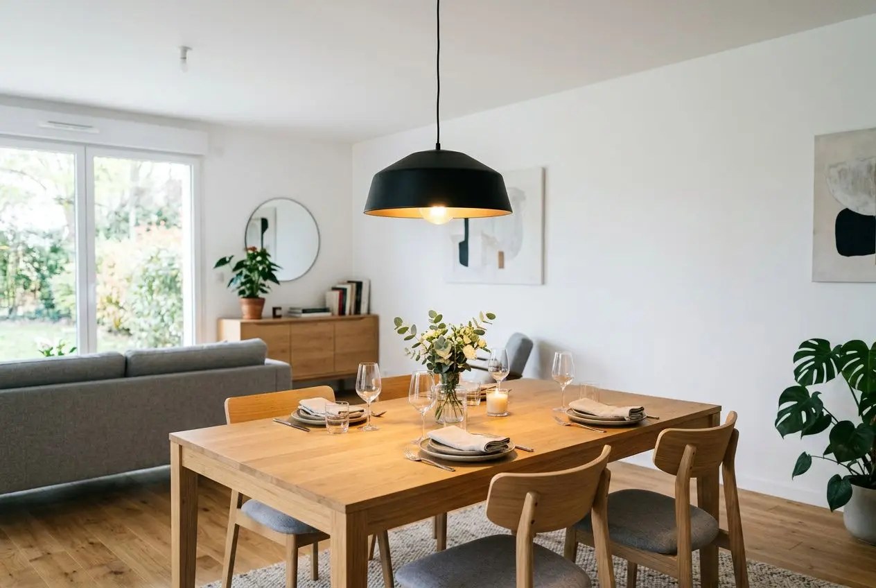 Suspension en métal doré de style Maisons du Monde allumée au-dessus d'une table de salle à manger