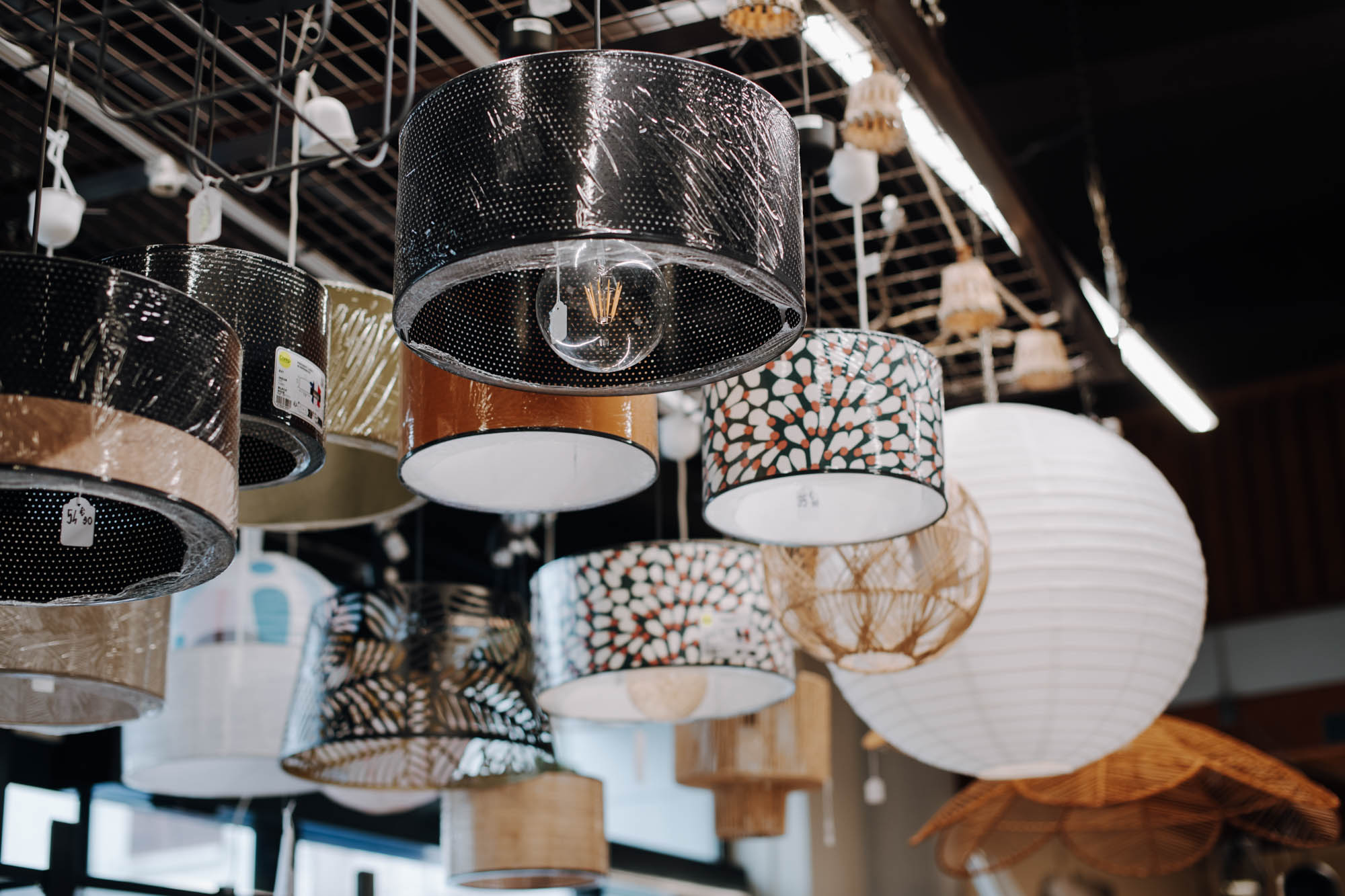 Intérieur d'un magasin de luminaire avec des suspensions et des lustres allumés au plafond
