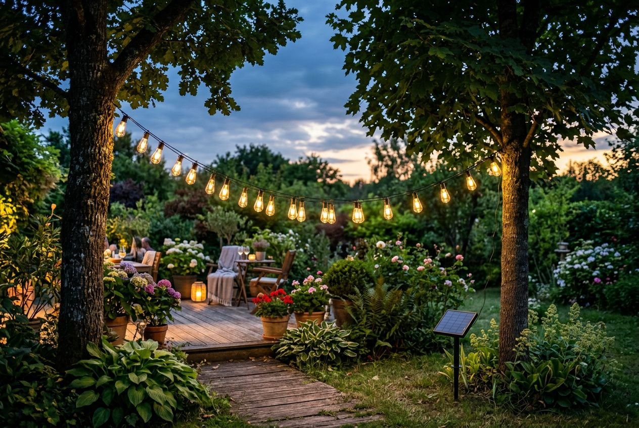 Guirlande guinguette solaire allumée au-dessus d'une terrasse de jardin à la tombée de la nuit