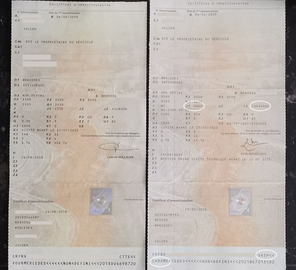 Certificat d'immatriculation d'un véhicule aménagé portant la mention VASP en case J1