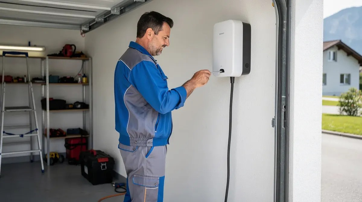 Borne de recharge à domicile fixée sur le mur d'un garage, câble branché et tableau électrique à proximité